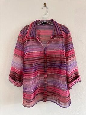 Elementz Semi-Sheer Multicolor Striped Button-Down Blouse - Pink & Purple - XL